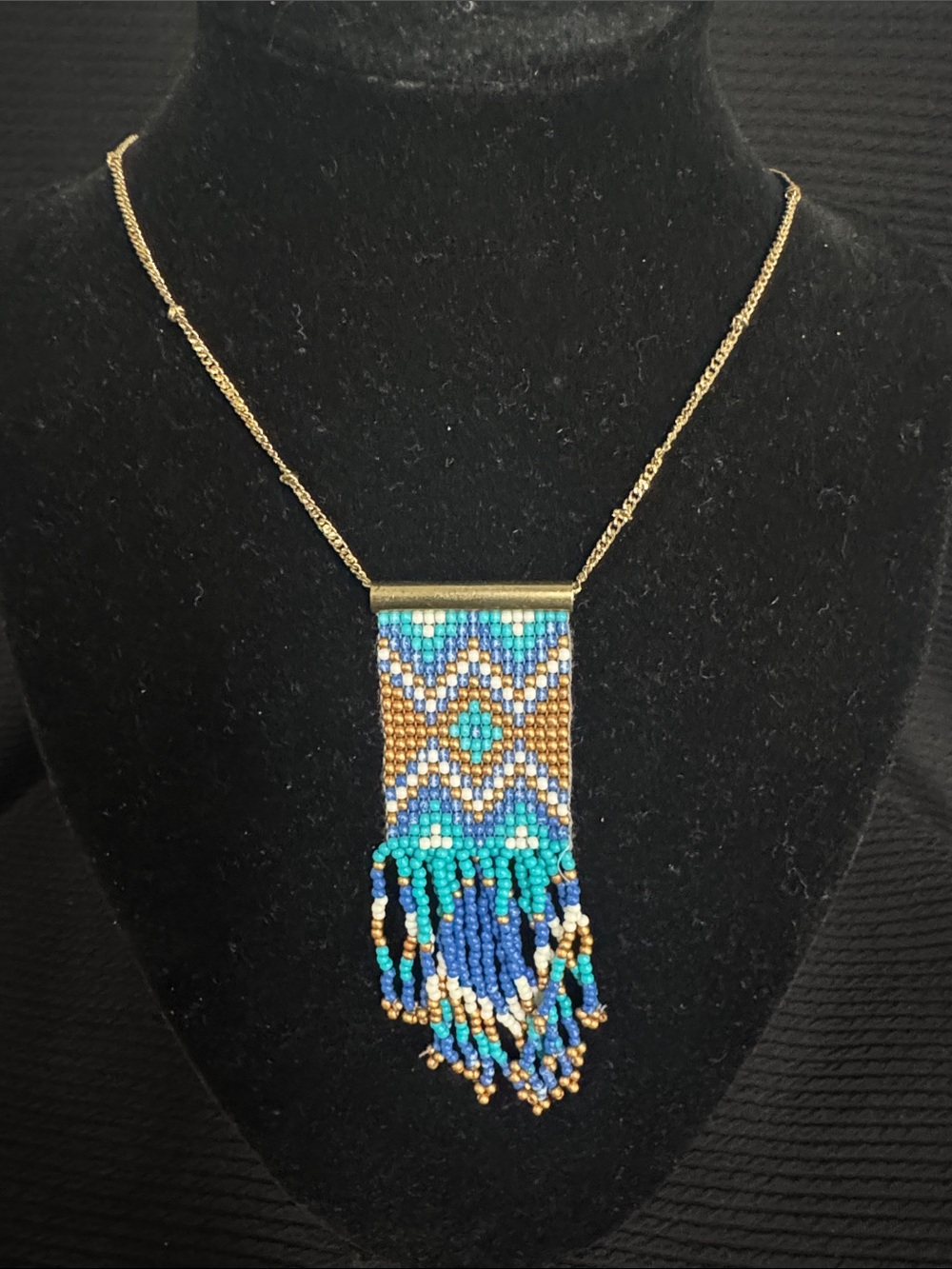 Handmade Beaded Fringe Necklace in Teal, Blue & Gold adjustable 31-35in